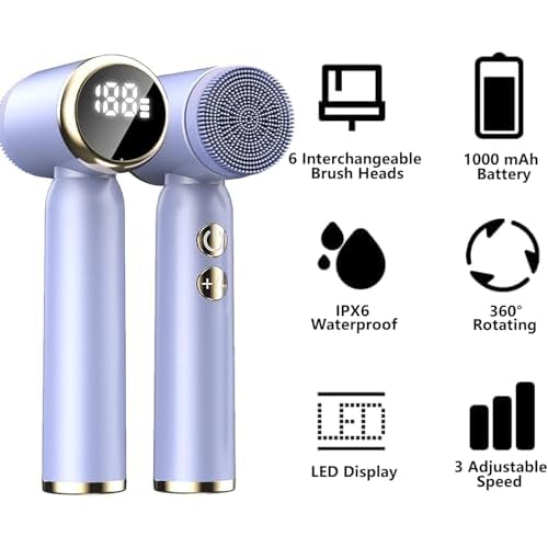 6-in-1 Facial Cleansing Brush Electric Face Scrubber ? 3-Speed Waterproof Spin Brush with 6 Replacement Heads, Rechargeable Deep Pore Cleanser for Dry, Oily & Sensitive Skin (Purple)