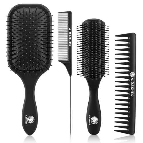 4Pcs Paddle Hair Brush Set, Detangler Brush and comb-Detangling Hairbrush for Wet Dry Long Thick Thin Curly Natural Hair(Black)