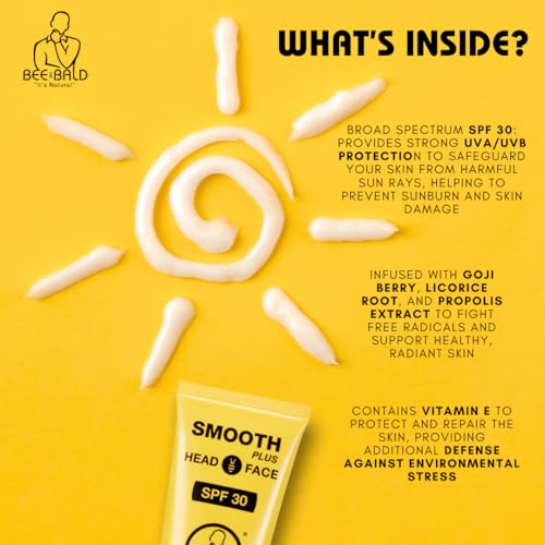 Bee Bald SMOOTH PLUS Head & Face Moisturizer with SPF 30 Sunscreen Lotion Protecting Skin From Harmful UVA/UVB Rays While Hydrating, Moisturizing and Toning, 1.7 Fl Oz
