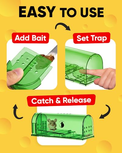 Motel Mouse Humane Mouse Traps No Kill Live Catch and Release 4 Pack - Reusable, Easy to Use & Clean, No Touch Release, Sensitive Includes Cleaning Brush, Instruction Manual & Video - Mousetrap Indoor