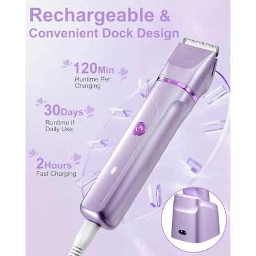 Bikini Trimmer for Women - Painless Electric Razors for Silk Skin,Cordless Electric Shaver for Trip,Replaceable Trimmer for Women,IPX7 Waterproof & Easy Cleaning,Ceramic Blade,USB Charge Dock Purple