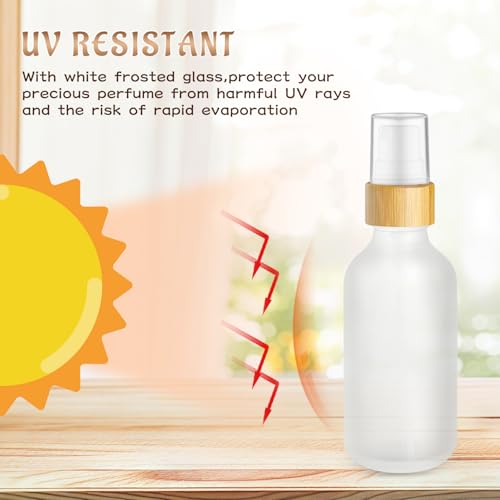 12 Pack 2 oz Glass Spray Bottles,Empty Perfume Fine Mist Atomizer,Natural Bamboo Pump Head Travel Liquid Holder Containers for Cologne,Essential Oils,Body Sprays,Room Sprays-Clear Frosted