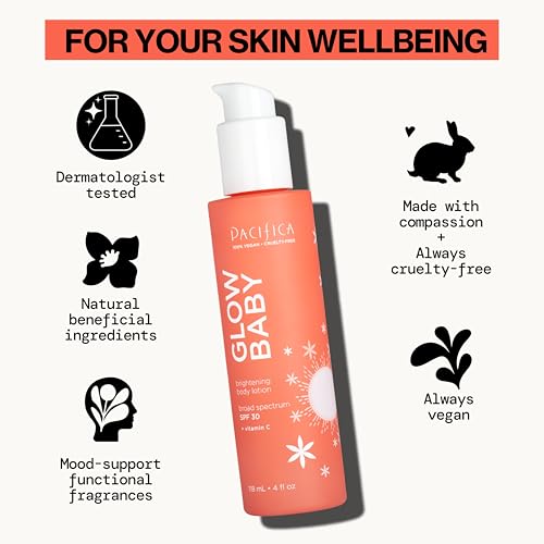 Pacifica Glow Baby Vitamin C SPF 30 Body Lotion ? Brightening Daily Moisturizer + Broad Spectrum Sun Protection, Hydrating No White Cast Sunscreen for Glowing Skin, Clean Vegan & Cruelty-Free Skincare
