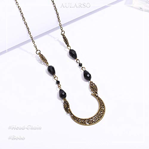 Aularso Vintage Head Chain Crescent Moon Headbands Chain Crystal Headpieces Beaded Forehead Chain for Women (Black)