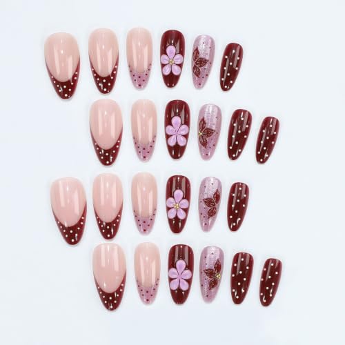 UZJXQ Medium Almond Press-On Nails 3D Flower & Polka Dot Style-15 Short