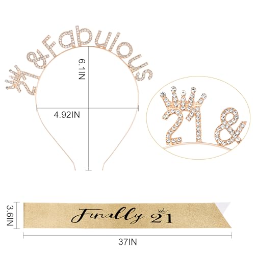 CAVETEE 21st Birthday Crown and Sash，Birthday Headband Gold Princess Tiara Finally 21 Sash and Crown Happy Birthday Sash for 21st Birthday Decorations for Birthday Gifts (gold)