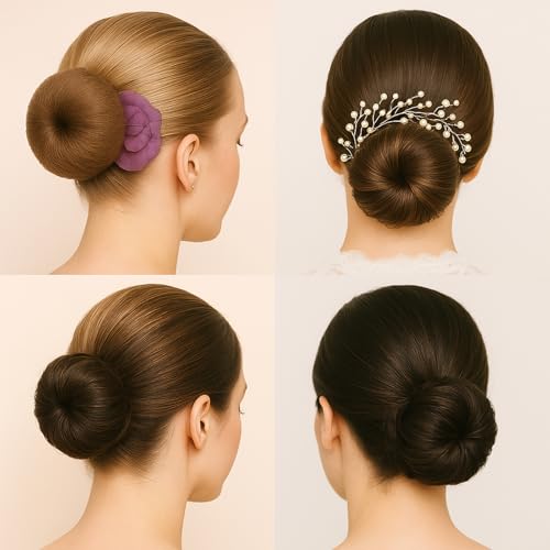 Brown Hair Bun Maker Set - 3 Medium Donuts & Elastic Bands for Kids & Women