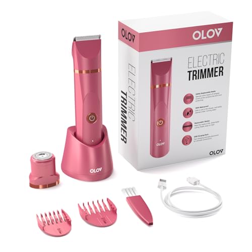 OLOV Electric Body Hair Trimmer - Groin Trimmer for Men - Bikini Trimmer Women - Wet/Dry Shaver Groomer, Replaceable Ceramic Blade Heads, USB Recharge Dock, Waterproof Hygiene Razor, Red