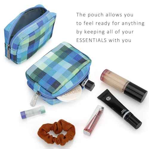 E-Tree Cute Small Makeup Bag,Cosmetic Toiletry Make up Little Items Pouch for Purse,Zipper Mini Tech Charger Cable Electronic Organizer Case,Travel Accessories for Women Men Teen,Blue Checkered