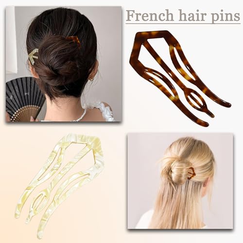 Light 2 Pack French Hair Pins for Women - 4.3 Inch Tortoiseshell & Cream Marble Style, 3 Prong Twist Design for Updos & Buns