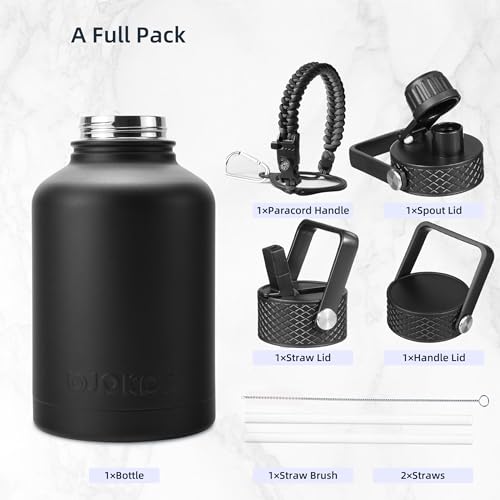 BJPKPK Insulated Water Bottles with Straw Lid,50oz Large Water Bottle,Stainless Steel Vacuum Water Bottle,Hot & Cold Insulated Water Bottles with 3 Lids and Paracord Handle, Black