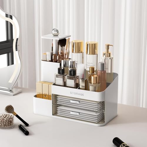 Large Makeup Organizer Countertop with Brush Holder, Make Up Organizer with Drawers, Countertop Makeup Organizers for Vanity, Multi-Functional Makeup Storage Organizer for Skincare, White