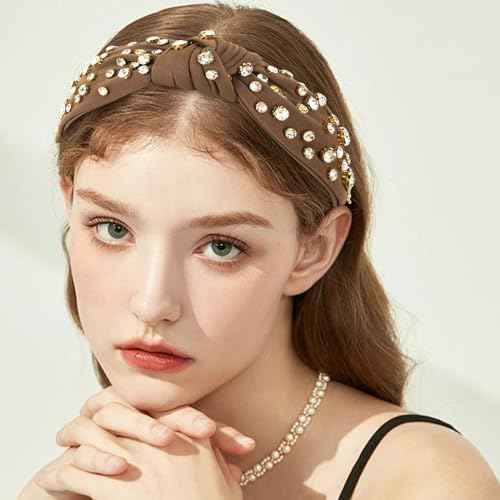 AMCAMI Brown Knotted Headband Rhinestone Jeweled Sparkly Headband for Women Girls Teacher Knot Beaded Crystal Headband Thick Dressy Headbands Hair Accessories for Women Girls