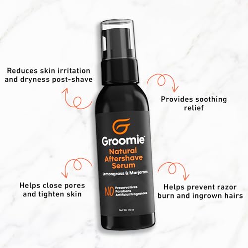 Groomie Natural Aftershave Serum for Bald Men - Mens Skin Care and After Shave for Head, Neck, Face & Chin - Soothing Balm to Tend Skin and Prevent Bumps and Razor Burn After Hair Removal - 1 OZ