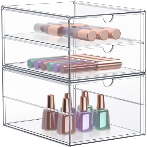 Sorbus Makeup Organizer With 3 Drawers, Acrylic Drawer Organizer for Makeup, Office Organization and Storage, Art Supplies, Jewelry, Stationary - 2 Pcs Clear Stackable Storage Bins Organizer Drawers