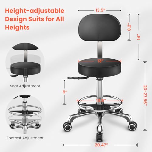 TASALON Professional Salon Rolling Stool Chair,Salon Equipment PU Leather Seat with Backrest,Height Adjustable, Swivel Metal Feet,Spa Tattoo Massage Home Office Swivel Stool Chair Black