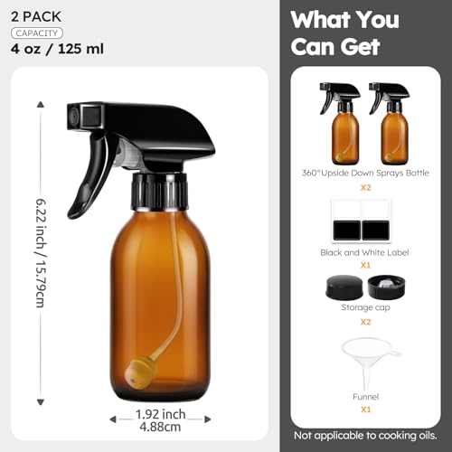 4 oz Amber Glass Spray Bottles - 2 Pack, 360° All-Angle Nozzle, UV Protection