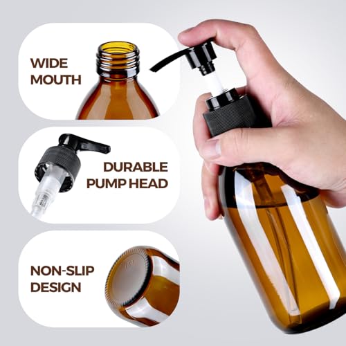 8oz Amber Glass Pump Bottle for Soap & Lotion - UV Block, 2 Pack