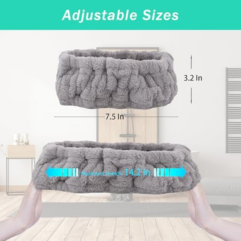 Microfiber Spa Headband 3-Pack for Face Washing & Makeup - Soft Terry Cloth in Black, Gray, White