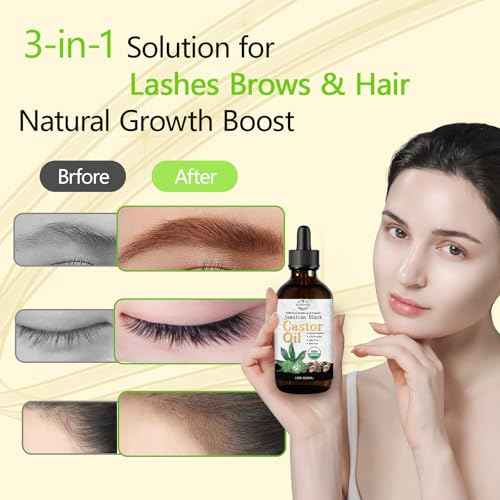 USDA Organic Jamaican Black Castor Oil - 100% Pure, Cold Pressed, Hexane-Free & Vegan, 2oz Brown Glass Bottle w/Dropper & Dual Brush for Hair Growth, Thicker Eyelashes, Brows & Scalp Care