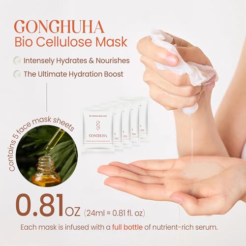 Red Ginseng Bio Cellulose Face Mask - Deep Hydrating Sheet Mask with Honeysuckle & Cica - Soothing Korean Skincare for Glowing Skin - 5 Count Box