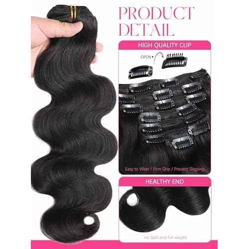 Lacer Body Wave Clip in Hair Extensions, 20 Inch 7 Pcs 120g Wavy Clip in Extensions for Women Grade Brazilian Virgin Human Hair Natural Black 20 Inch