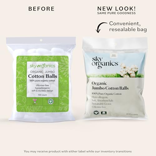 Sky Organics Jumbo Organic Cotton Balls - 100% Pure & Hypoallergenic, 100 ct