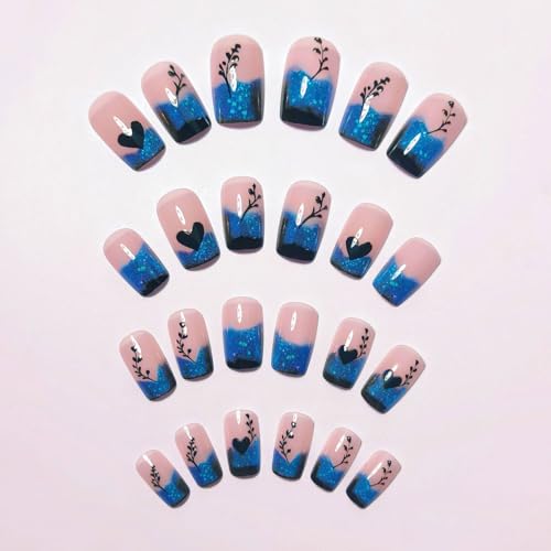 Short French Tip Press on Nails with Blue Glitter Hearts - 24PCS