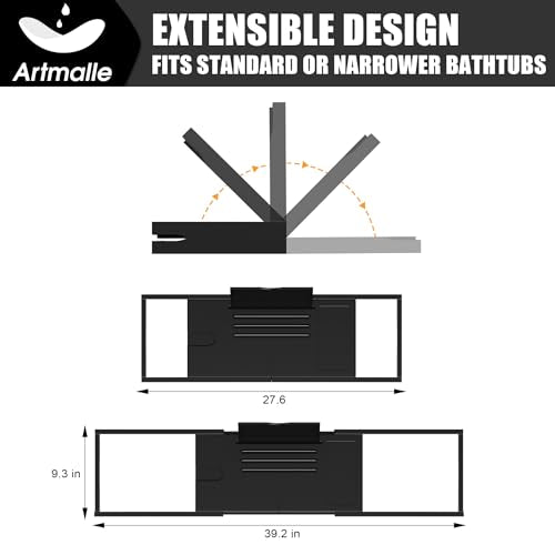 Artmalle Bathtub Tray for Tub, Expandable Bamboo Bath Caddy Tray with Book Stand for Home Spa Relaxing, Foldable Minimalist Bathroom Accessories for Women Men (Simple, Black)