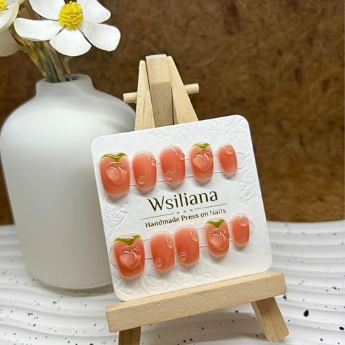 Wsiliana Summer Fruit Acrylics Nails Handmade Press On Nail Short Squoval Reusable Long Lasting Wear Fake Tip 3D Design Art Charms Cute with Storage Box 10 Pcs (050 S)