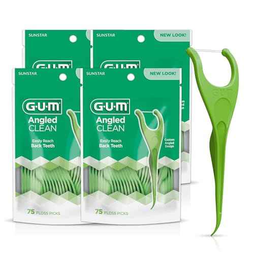GUM Angled Floss Picks, Perfect for Tight Teeth, Extra Strong Shred-Resistant Dental Floss, Angled for Easy Reach, Dental Flossers for Adults, Fresh Mint Flavor, 75 Count (Pack of 4)