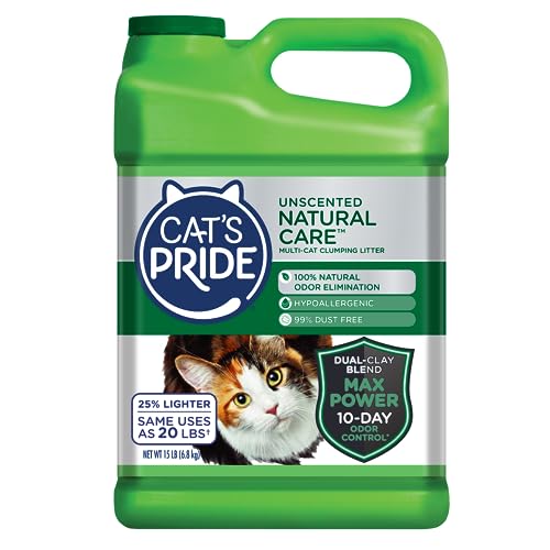 Cat's Pride Max Power: Natural Care - Up to 10 Days of Powerful Odor Control - 100% Natural Odor Elimination - Hypoallergenic - 99% Dust Free - Multi-Cat Clumping Litter, Unscented, 15 Pounds