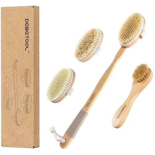 Dry Brushing Set - Natural Boar Bristle Body & Face Brush, Wooden Long Handle Scrub Brush for Cellulite & Lymphatic Drainage Body Care, Detachable, 3 Brush Heads