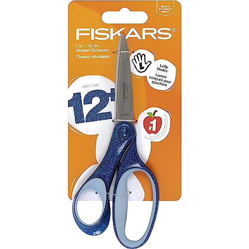 Fiskars 7" SoftGrip Left-Handed Student Glitter Scissors for Kids Ages 12-14, Left-Handed Scissors for School or Crafting, Back to School Supplies, Blue Glitter