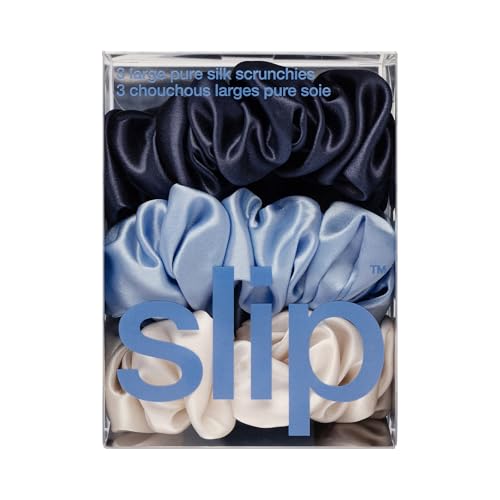 slip Large Scrunchies: Elevate Your Hair Game with Anti-Crease, Anti-Breakage Design, Crafted from Slipsilk¢â, Skye: 3 Pure Silk Scrunchies in Cornflower, Vanilla & Indigo