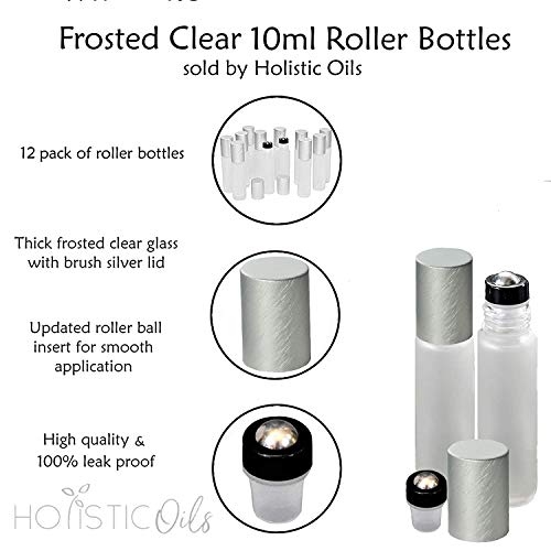 12-Pack Frosted Clear Glass Roller Bottles with Brushed Silver Leakproof Caps ? Premium Quality Empty Roll-On Bottles for Essential Oils, Perfumes, Serums, DIY Aromatherapy & Beauty Products