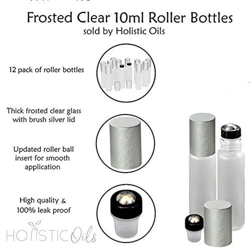 12-Pack Frosted Clear Glass Roller Bottles with Brushed Silver Leakproof Caps ? Premium Quality Empty Roll-On Bottles for Essential Oils, Perfumes, Serums, DIY Aromatherapy & Beauty Products