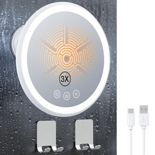 Gospire 3X Magnifying Heated Shower Mirror Fogless for Shaving, 5000mAh Battery, 360¡Æ Swivel & Magnetic Design, 8.3¡± Anti-Fog Shower Shaving Mirror with 3 Color Lights, Includes 2PCS Adhesive Hooks