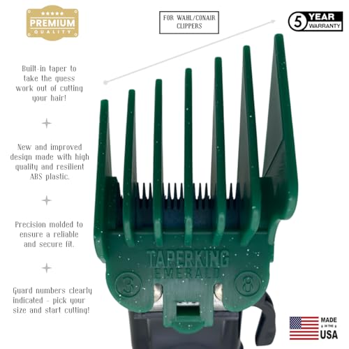 Taper King¢ç Guide Combs 2.0 ? Improved Quality, Upgraded Design for At Home Taper & Fade Haircuts ? Emerald (#3 to #8) ? Compatible with Wahl/Conair Clippers