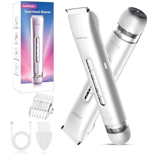 Bikini Trimmer for Women 2 in 1, Dual Head Womens Electric Shaver, Electric Razors for Pubic Hair, IPX7 Waterproof Rechargeable Facial Hair Removal for Shaving Underarm Leg Arm Body Face, White