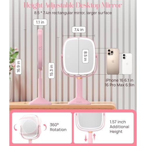 Gospire Rectangle Lighted Makeup Mirror with Lights 3 Color, Height Adjustable and 1X/10X Magnifying, 4000mAh Rechargeable Battery for Bedroom, 8.5¡±x7.4¡± Large Surface, Stepless Dimming - Pink