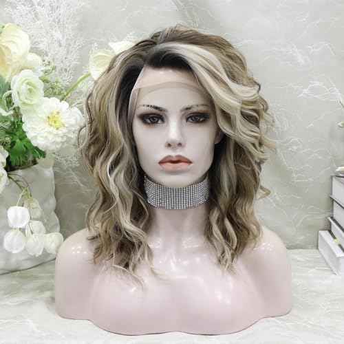 Synthetic Lace Front Wigs: Brown Highlight Ash Blonde 13*2 Inches Lace Front Wig, Short Bob Curly Wigs Synthetic Hair 16 Inches Wig Free Part with Natural Hairline Shoulder Length (Blonde Brown)