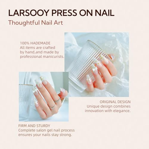 LARSOOY Nails Handmade Press on Nails Medium Long Coffin | Handmade nails with Butterflies and Flowers | Reusable Fake Nails For Summer Days | False Nails 10 Pcs (Flower Field, S)