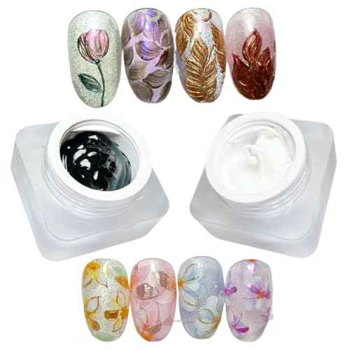 Nail Gel polish sculpture gel 5g black and white in colour clear stroke non wipe chrome applicable DIY at home embossed painting gel Nail solons mini 3D designs (Black and white, 5g)