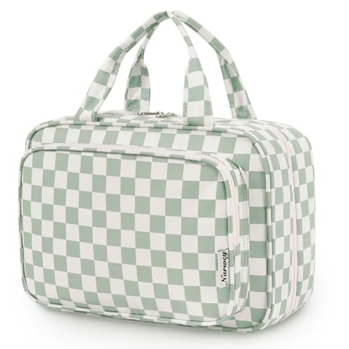 Narwey Travel Toiletry Bag for Women Large Capacity, Hanging Makeup Bag Organizer Toiletries Bag for Full Size Essentials, Accessories, Brushes, Cosmetics (Mint Green Checkerboard (Large))