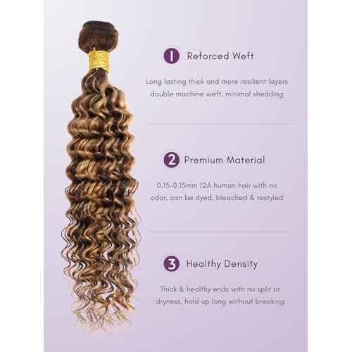 Honey Blonde Highlight 3 Deep Wave Bundles with 13x4 Frontal Human Hair 16 18 20+16, 12A 100% Virgin Thick Track Brazilian Weaves P4/27 Ombre Brown Curly Bundles with HD Lace Frontal Pre Plucked