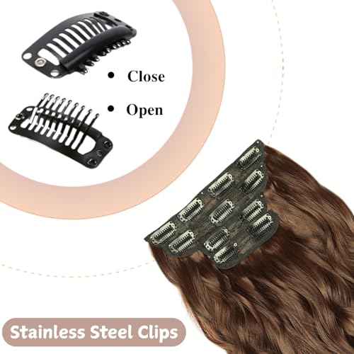Clip in hair Extension,4Pcs Brown Clip in Synthetic Hair Extensions,22inch Long Wavy Curly Hairpieces Fiber, Chestnut Double Weft Thick and Soft Hair Extensions party daily for women girls