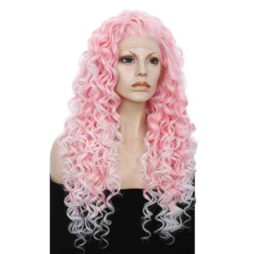 IMSTYLE Pink Curly Lace Front Wigs Women Cosplay Costume Daily Wear Bounce Fluffy Wig Hair Heat Resistant 26 Inch(Pink)