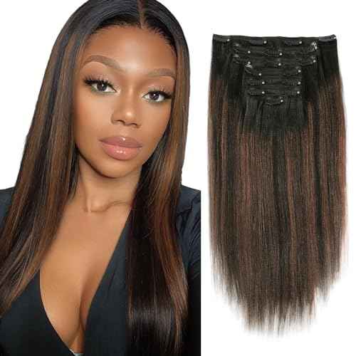 Sassina Thick Yaki Straight Style Clip in Hair Extensions Natural Black to Chocolate Brown Double Weft Real Human Hair Clip in Hair Extensions 120 Grams 14 Inch 7 Pcs