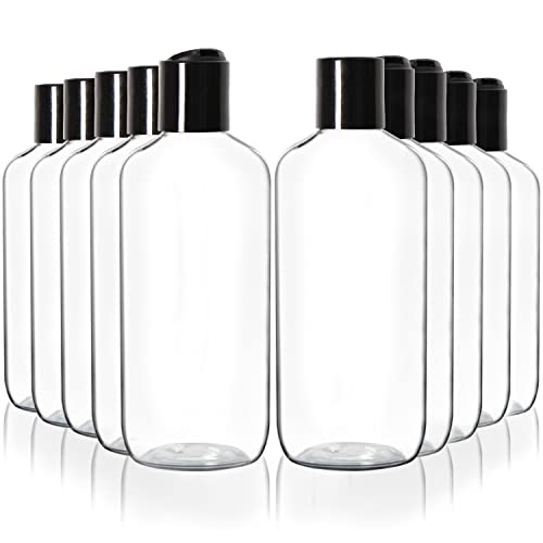 Youngever 10 Pack Clear Plastic Empty Bottles with Disc Cap 8 Ounce, Refillable Cosmetic Bottles, Squeeze Containers for Shampoo, Liquid Body Soap, Lotion, Cream (Long)